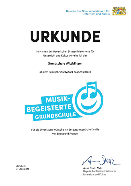 Urkunde Musikbegeisterte Grundschule